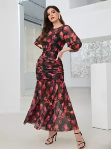 Modelyn Floral Print Ruched Mesh Dress Without Belt - Multicolor - View 2