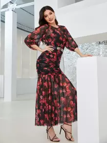 Modelyn Floral Print Ruched Mesh Dress Without Belt - Multicolor - View 4