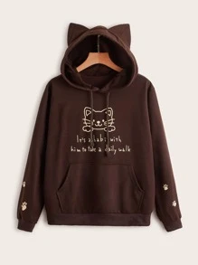 SHEIN EZwear Cat & Slogan Graphic Kangaroo Pocket Hoodie - Coffee Brown - View 1
