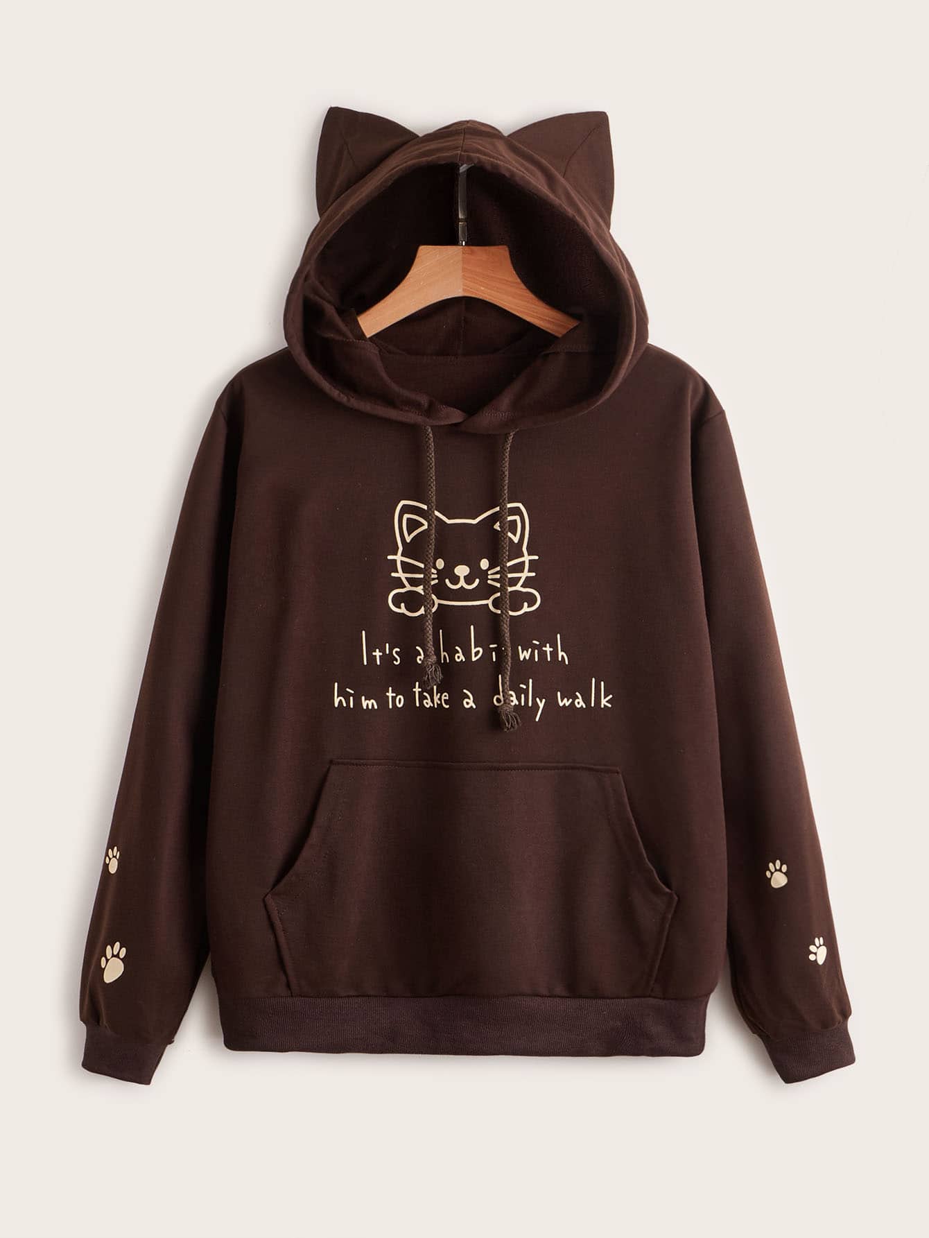 SHEIN EZwear Cat & Slogan Graphic Kangaroo Pocket Hoodie - Coffee Brown - View 1