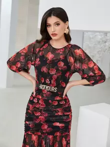 Modelyn Floral Print Ruched Mesh Dress Without Belt - Multicolor - View 5
