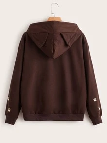 SHEIN EZwear Cat & Slogan Graphic Kangaroo Pocket Hoodie - Coffee Brown - View 2