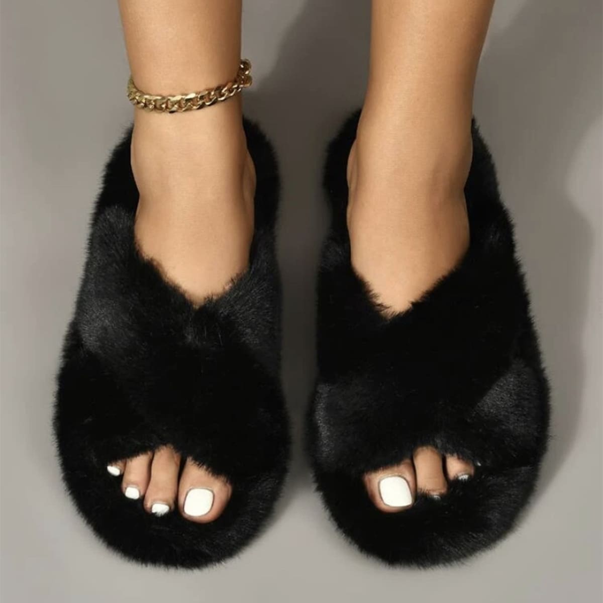 

Cross Design Fluffy Bedroom Slippers, Black