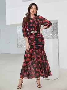 Modelyn Floral Print Ruched Mesh Dress Without Belt - Multicolor - View 1