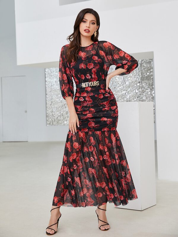 Modelyn Kleid mit Blume Muster, Rüschen, Netz, ohne Gürtel
