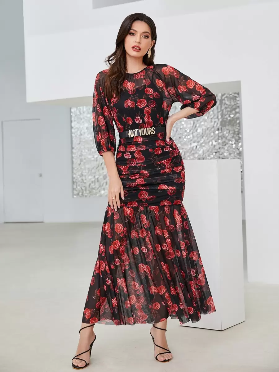 Modelyn Floral Print Ruched Mesh Dress Without Belt - Multicolor - View 1