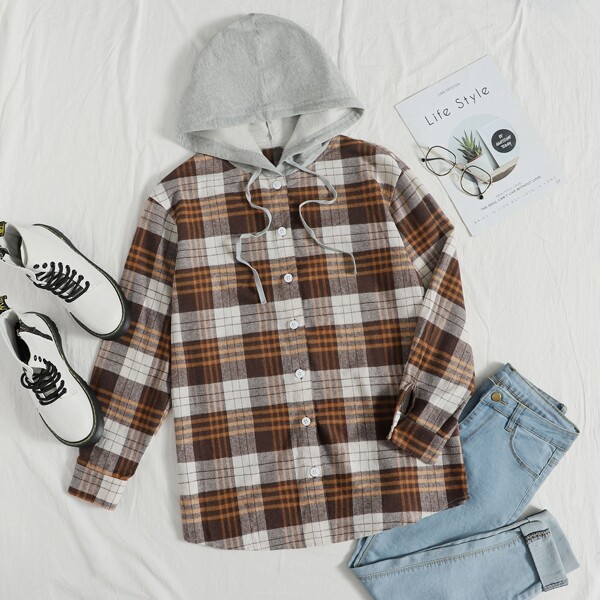 

Plaid Print Drawstring Hooded Blouse, Multicolor