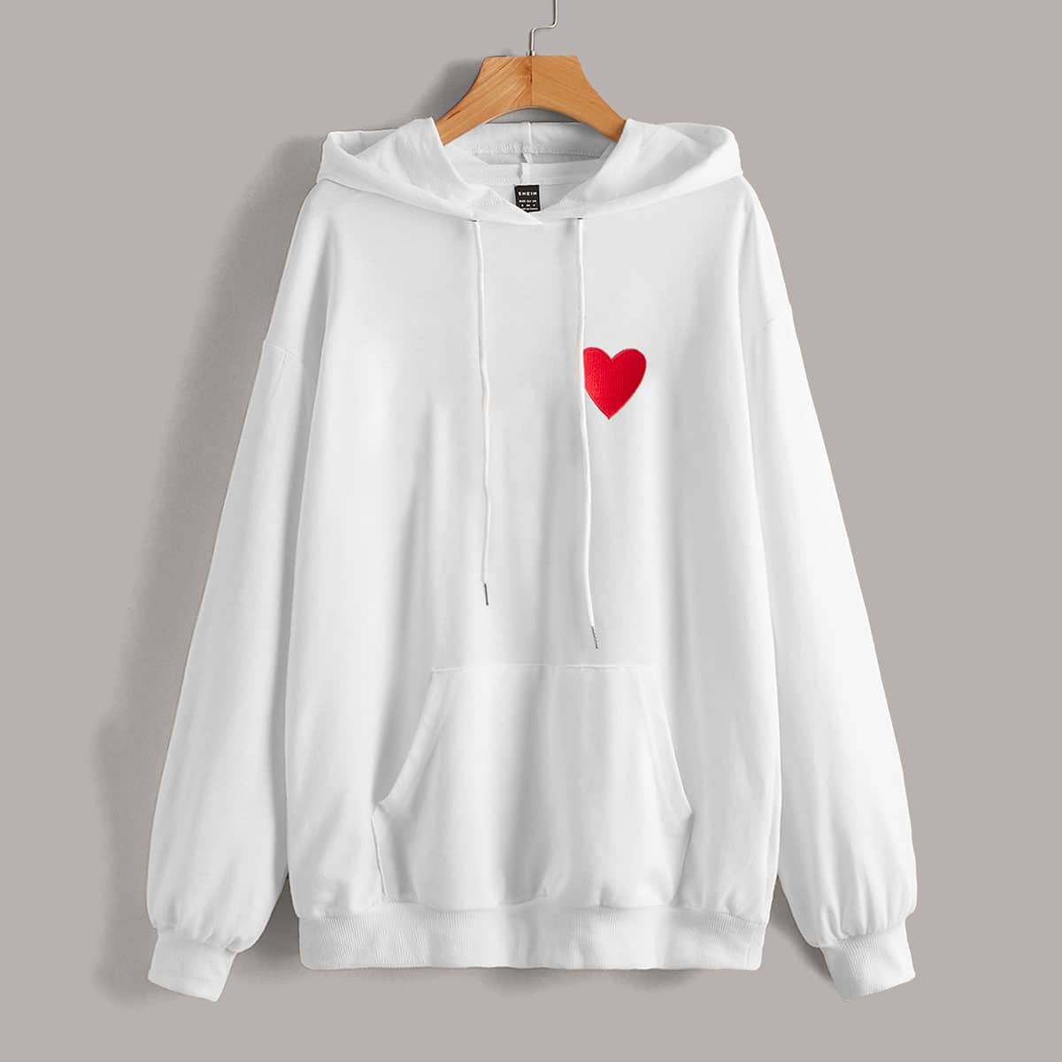 

Heart Print Drop Shoulder Hoodie, White