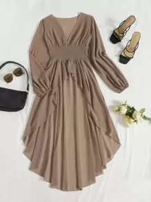 SHEIN Holidaya Plunge Neck Lantern Sleeve High Low Hem Top - Mocha Brown - View 1