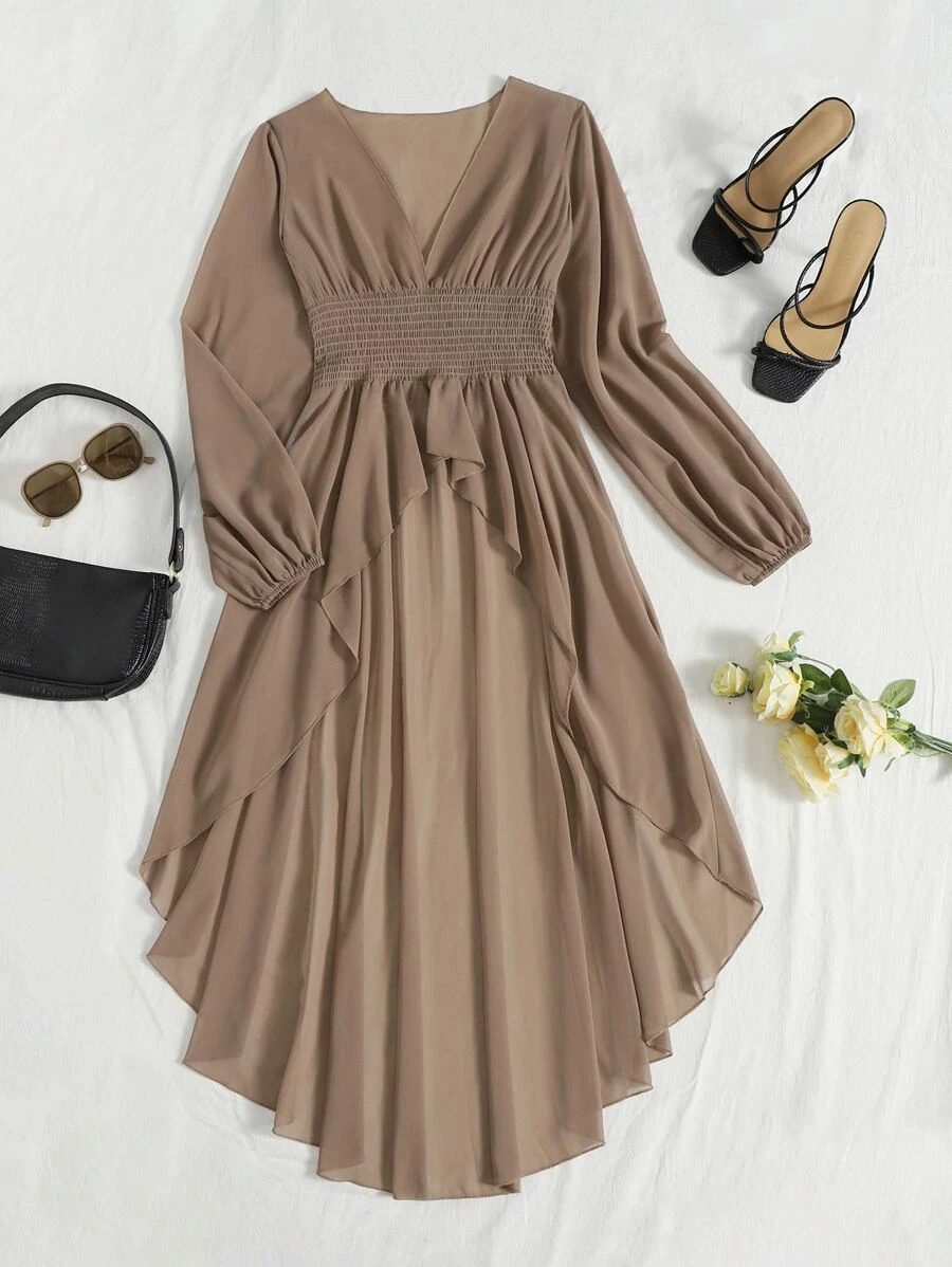 SHEIN Holidaya Plunge Neck Lantern Sleeve High Low Hem Top - Mocha Brown - View 1