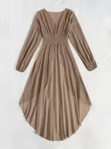 SHEIN Holidaya Plunge Neck Lantern Sleeve High Low Hem Top - Mocha Brown - View 2