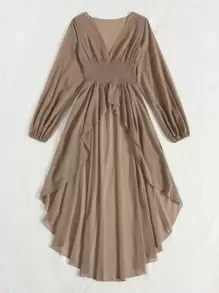 SHEIN Holidaya Plunge Neck Lantern Sleeve High Low Hem Top - Mocha Brown - View 3