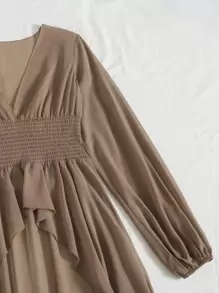 SHEIN Holidaya Plunge Neck Lantern Sleeve High Low Hem Top - Mocha Brown - View 4