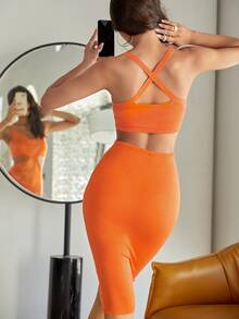 SHEIN Neon Orange Crisscross Back Solid Jumper Dress - Orange - View 2