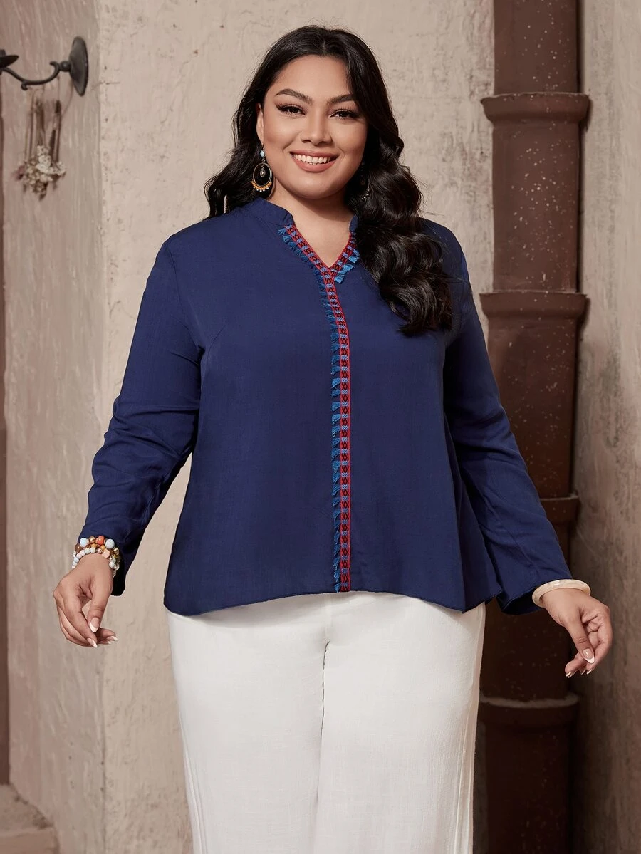 Blusa con estampado geométrico ribete con fleco - Azul Marino - Ver 1