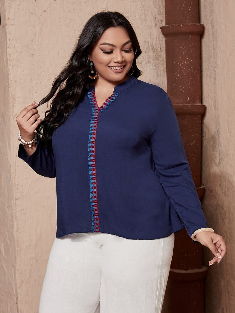 Franja Geométrico ocasional Blusa de Tamanho Grande - Azul Marinho - Visão 3