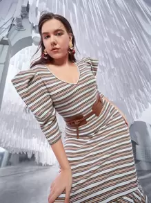 Modelyn Plus Striped Gigot Sleeve Mermaid Hem Bodycon Dress Without Belt - Multicolor - View 8