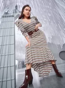 Modelyn Plus Striped Gigot Sleeve Mermaid Hem Bodycon Dress Without Belt - Multicolor - View 7