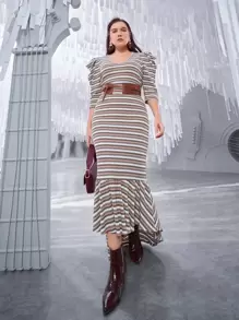 Modelyn Plus Striped Gigot Sleeve Mermaid Hem Bodycon Dress Without Belt - Multicolor - View 3