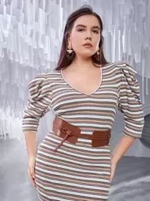 Modelyn Plus Striped Gigot Sleeve Mermaid Hem Bodycon Dress Without Belt - Multicolor - View 4