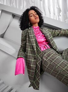 SHEIN BAE Lapel Neck Plaid Print Single Button Asymmetrical Hem Blazer - Multicolor - View 9