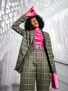 SHEIN BAE Lapel Neck Plaid Print Single Button Asymmetrical Hem Blazer - Multicolor - View 2