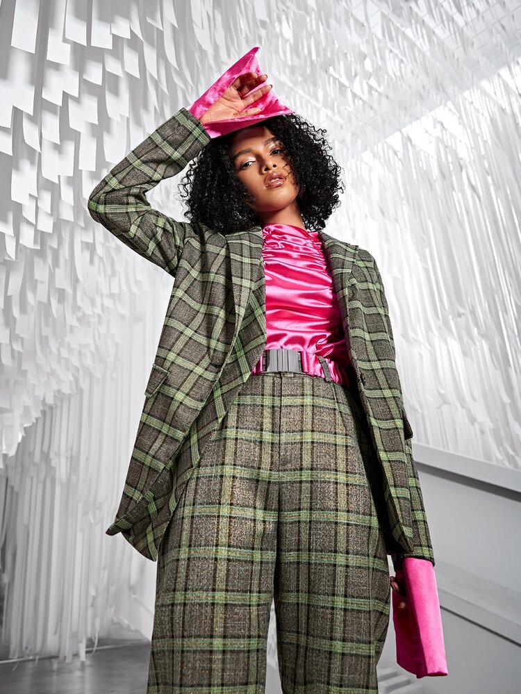 Lapel Neck Plaid Print Single Button Asymmetrical Hem Blazer