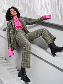 SHEIN BAE Lapel Neck Plaid Print Single Button Asymmetrical Hem Blazer - Multicolor - View 3