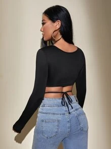 SHEIN PETITE Áo thun nữ Hội Chữ thập Buộc lại màu trơn Gợi cảm - màu đen - Xem 2