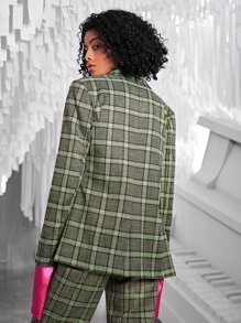 SHEIN BAE Lapel Neck Plaid Print Single Button Asymmetrical Hem Blazer - Multicolor - View 4