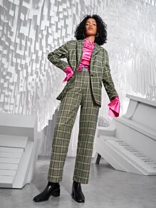 SHEIN BAE Lapel Neck Plaid Print Single Button Asymmetrical Hem Blazer - Multicolor - View 5