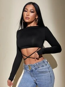 SHEIN PETITE Áo thun nữ Hội Chữ thập Buộc lại màu trơn Gợi cảm - màu đen - Xem 3