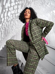 SHEIN BAE Lapel Neck Plaid Print Single Button Asymmetrical Hem Blazer - Multicolor - View 6