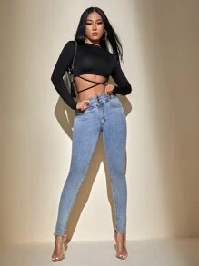 SHEIN PETITE Áo thun nữ Hội Chữ thập Buộc lại màu trơn Gợi cảm - màu đen - Xem 4