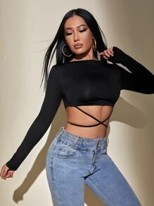SHEIN PETITE Áo thun nữ Hội Chữ thập Buộc lại màu trơn Gợi cảm - màu đen - Xem 5