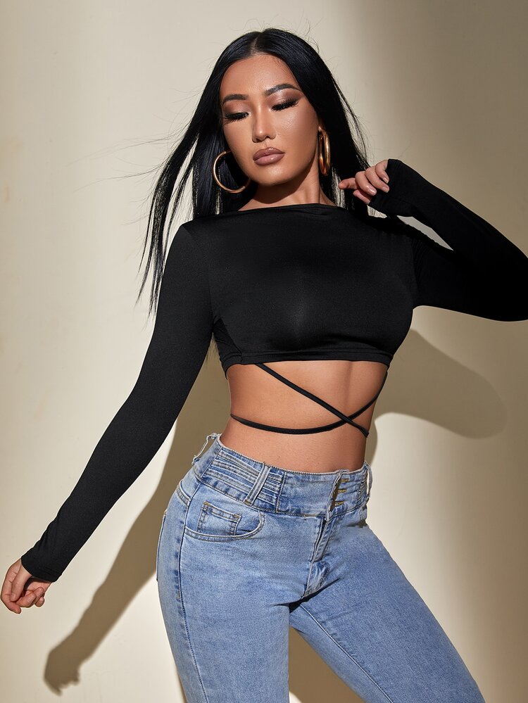 SHEIN PETITE Áo thun nữ Hội Chữ thập Buộc lại màu trơn Gợi cảm - màu đen - Xem 5
