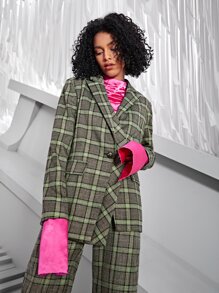 SHEIN BAE Lapel Neck Plaid Print Single Button Asymmetrical Hem Blazer - Multicolor - View 8