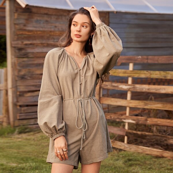 

Button Front Lantern Sleeve Belted Romper, Khaki