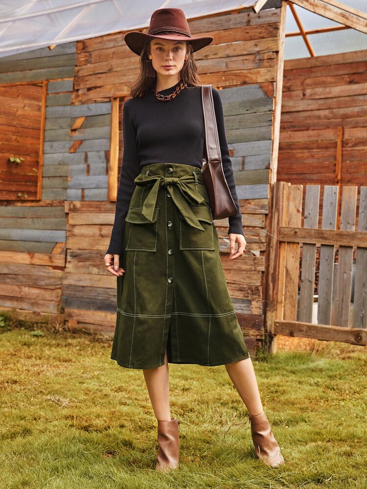 SHEIN Unity Flap Pocket Button Front Belted Cargo Skirt - Army Green - View 1