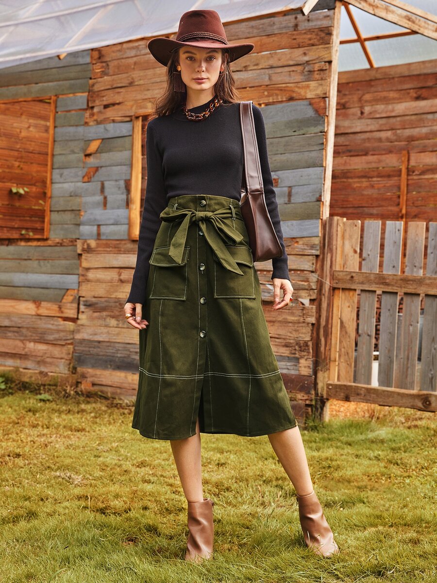 SHEIN Unity Flap Pocket Button Front Belted Cargo Skirt - Army Green - View 1