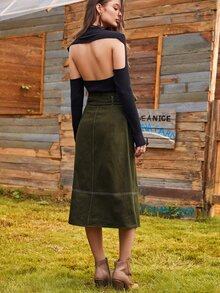 SHEIN Unity Flap Pocket Button Front Belted Cargo Skirt - Army Green - View 2