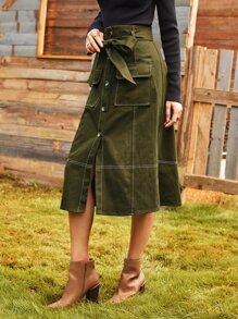 SHEIN Unity Flap Pocket Button Front Belted Cargo Skirt - Army Green - View 3