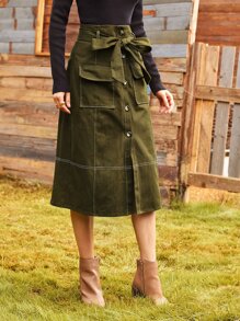 SHEIN Unity Flap Pocket Button Front Belted Cargo Skirt - Army Green - View 4