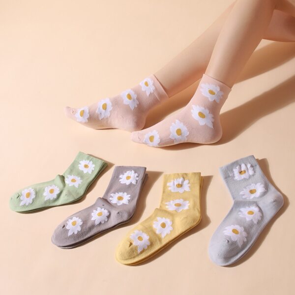 

5pairs Flower Print Crew Socks, Multicolor