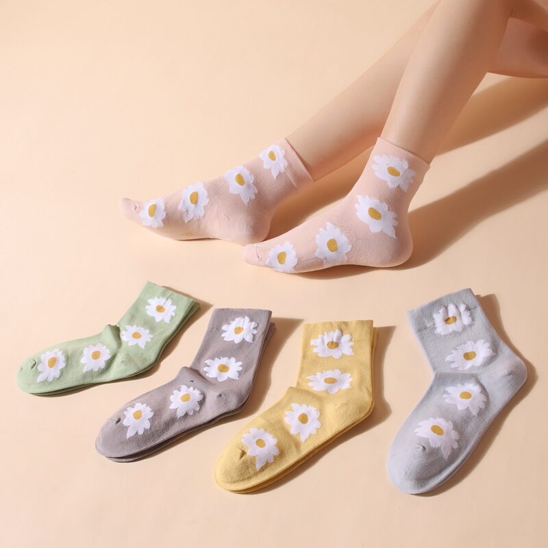 

5pairs Flower Print Crew Socks, Multicolor
