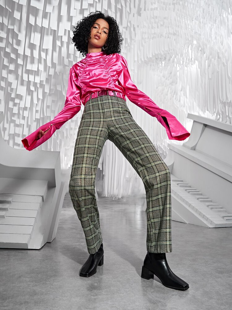 SHEIN Privé 格紋印花直筒褲 - 彩色 - 查看 5