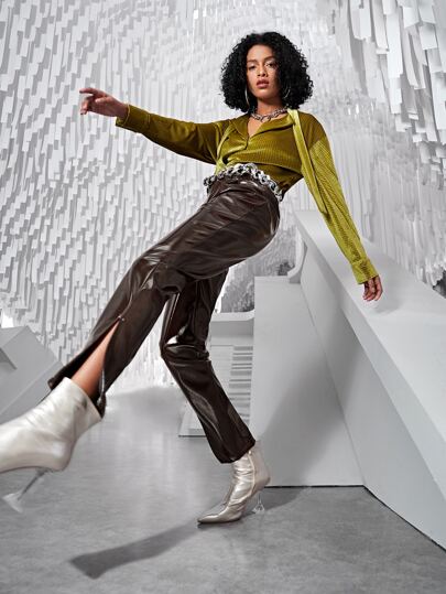 SHEINNeu Split Hem Faux Patent Pants Without Belt