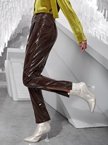 SHEINNeu 下擺開叉仿漆皮不附腰帶長褲 - 巧克力棕 - 查看 2