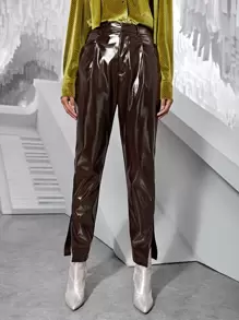 SHEINNeu 下擺開叉仿漆皮不附腰帶長褲 - 巧克力棕 - 查看 3