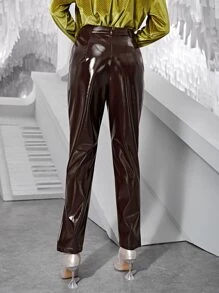 SHEINNeu 下擺開叉仿漆皮不附腰帶長褲 - 巧克力棕 - 查看 4